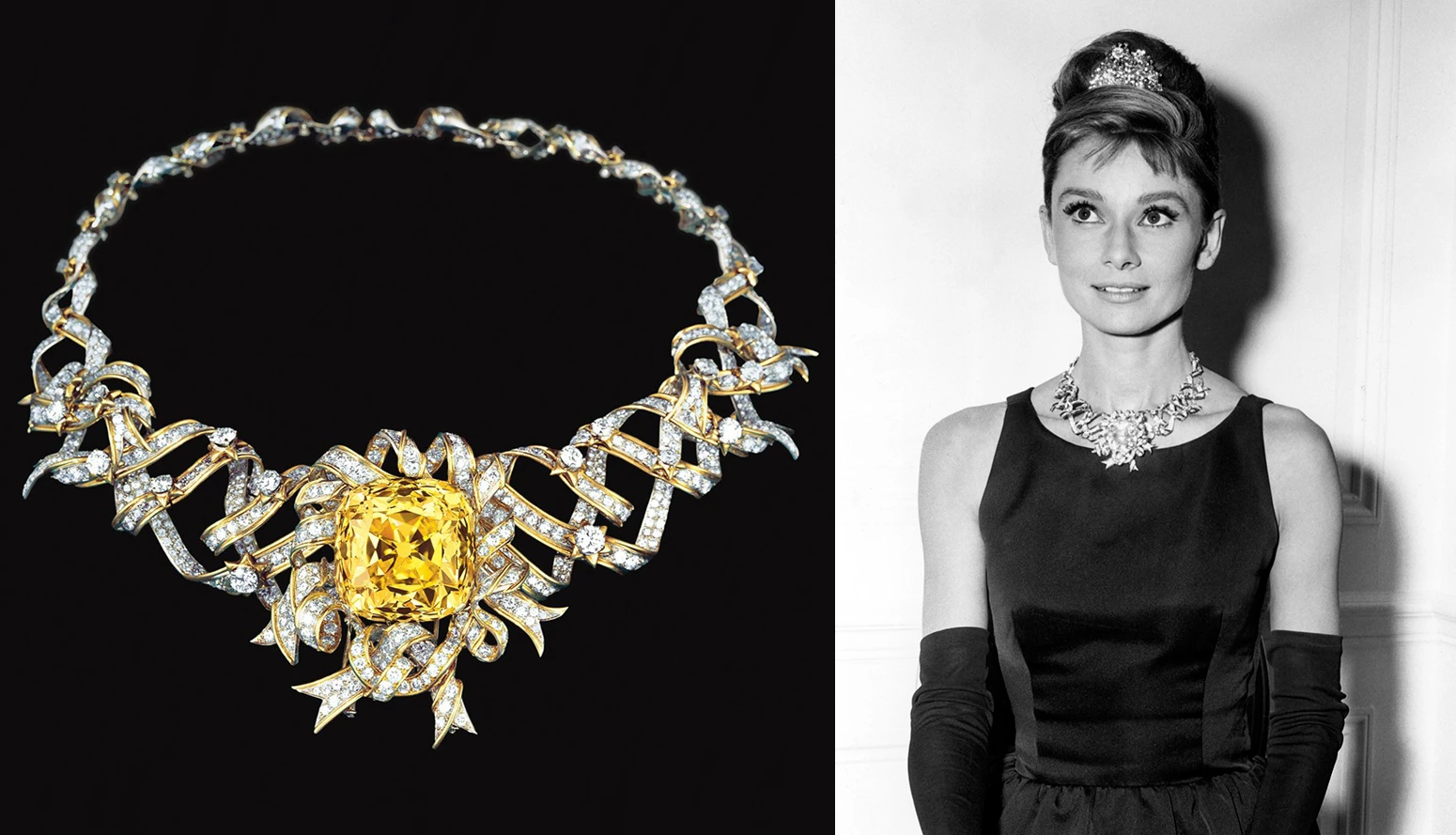 <p>На фото: Одри Хепберн и колье с жёлтым бриллиантом Tiffany.&nbsp;</p>
