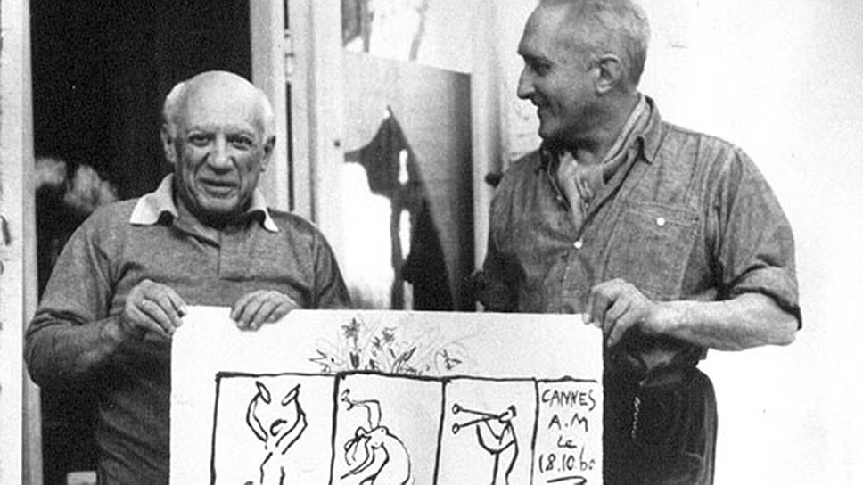 <p><em>На фото: Пабло Пикассо и Франсуа Гюго. 1960 год</em></p>
