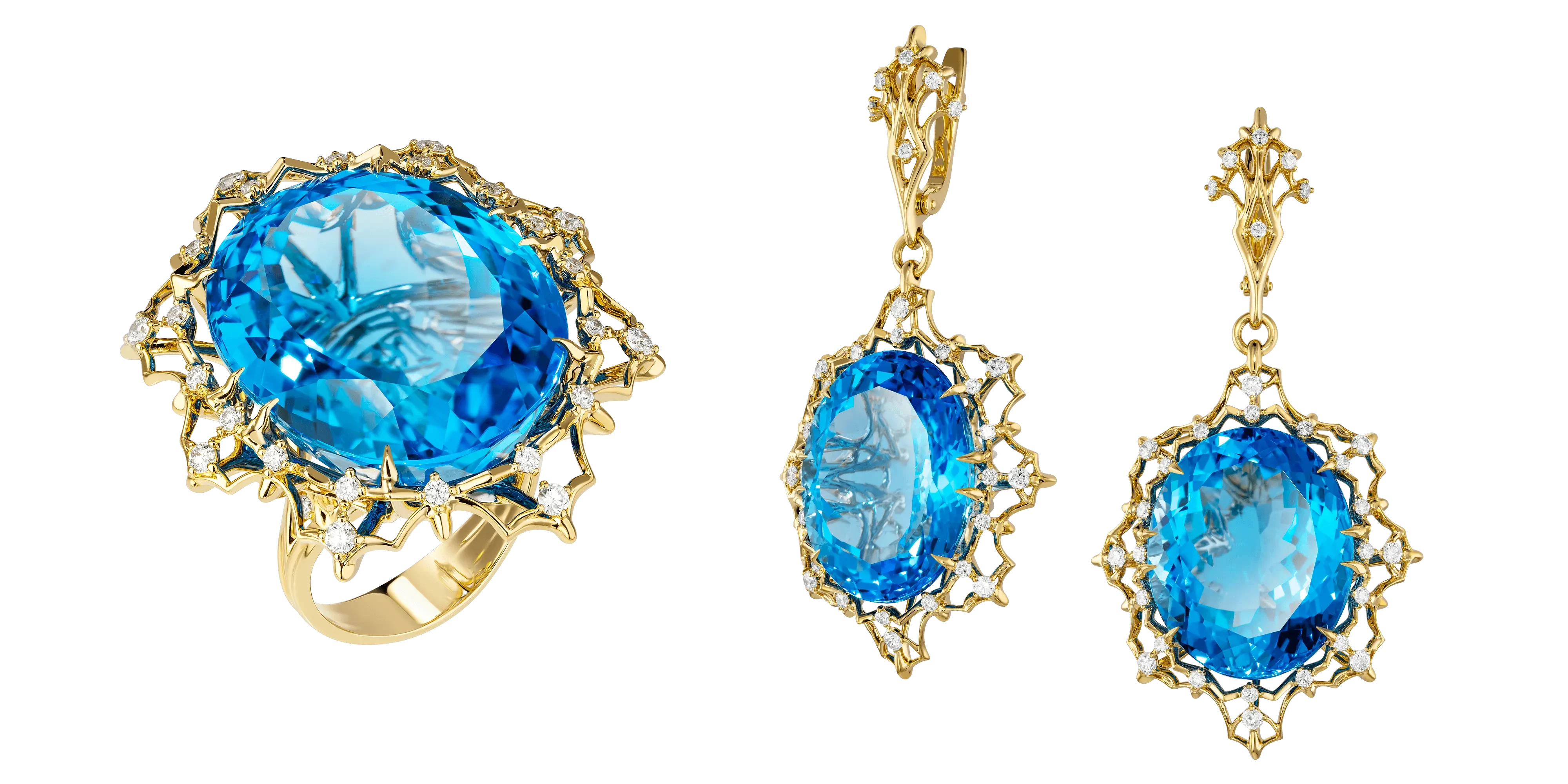 Гарнитур «Сродни океану» Кольцо: Топаз 64,20 каратСерьги: Топаз (2) 81 ...